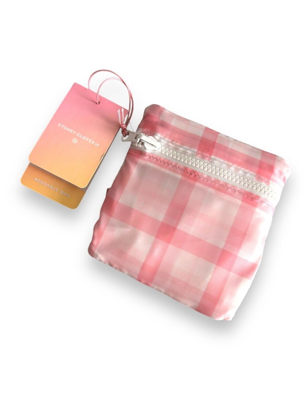 New Stoney Clover Lane x Target Pink White Plaid Reusable Shopping Tote Bag Fold